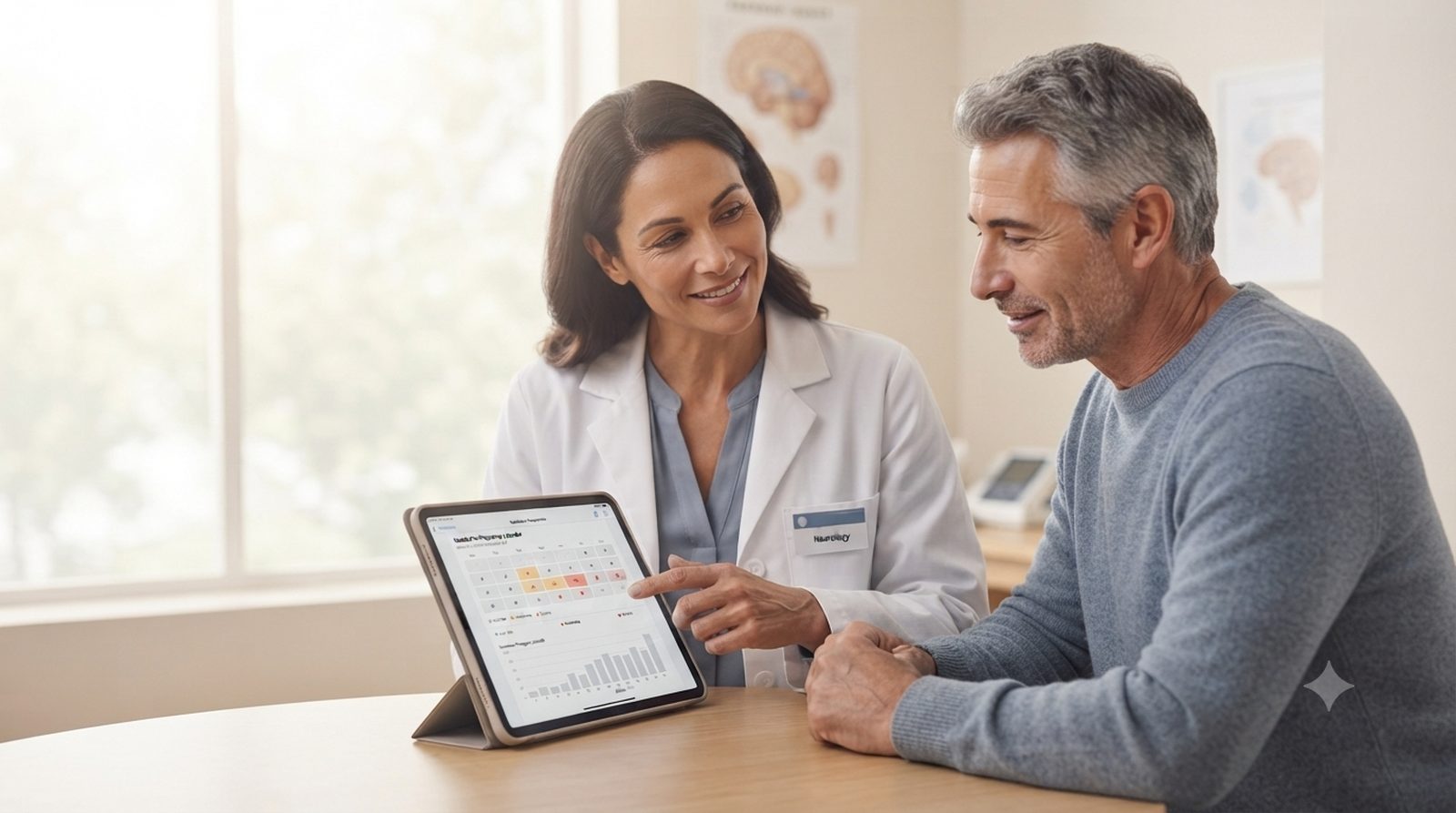 A neurologist reviewing a headache-frequency calendar with a patient at Community Neuro Center