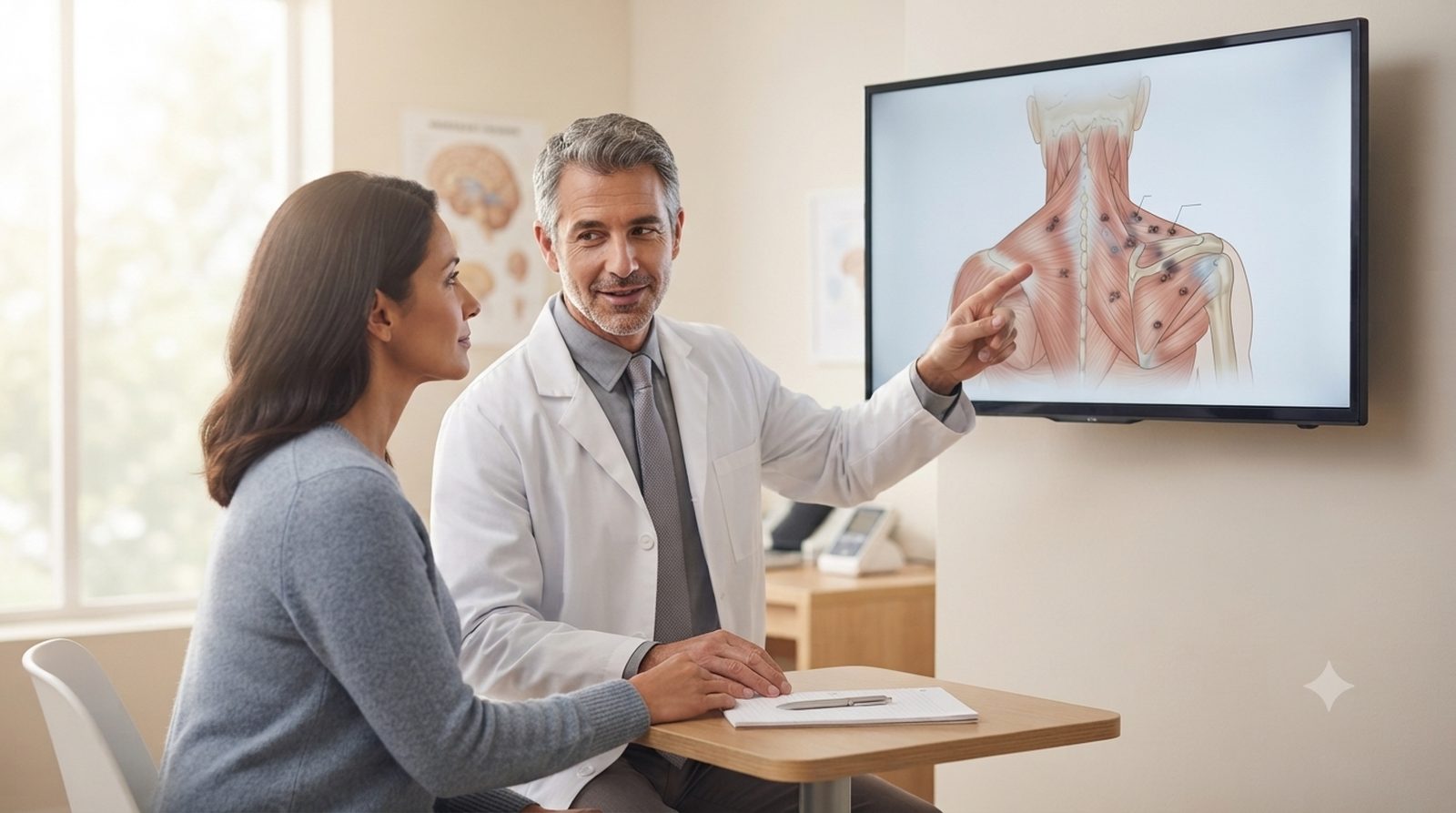 A neurologist showing a patient an anatomical diagram of the neck and shoulder muscles at Community Neuro Center