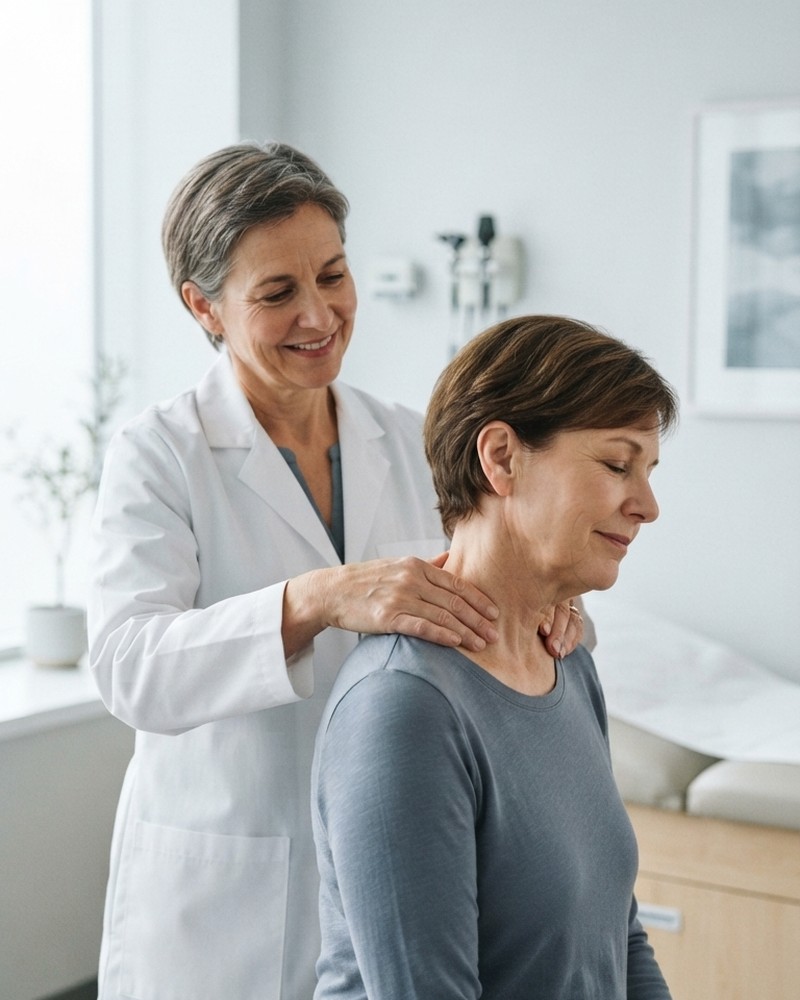 A neurologist examining a patient's neck and shoulder muscles at Community Neuro Center